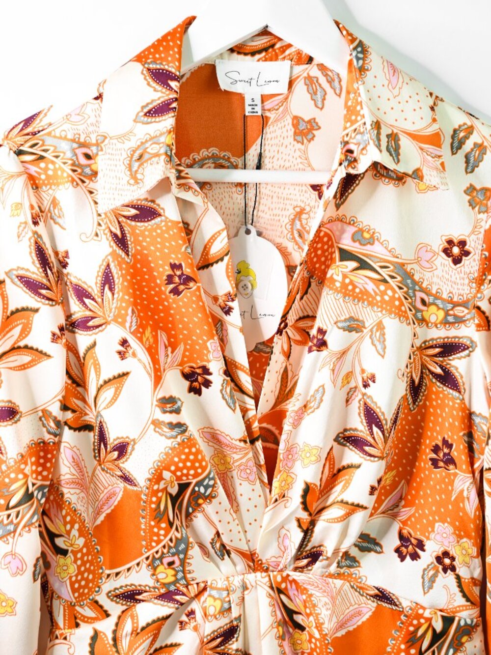 SWEET LEMON Orange Floral Collared Long Sleeve V-Neck Mini Dress - Size Small - Picture 4 of 10